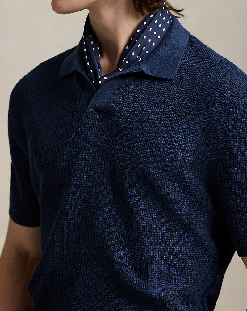 Mesh-Knit Linen Short-Sleeve Jumper Blue