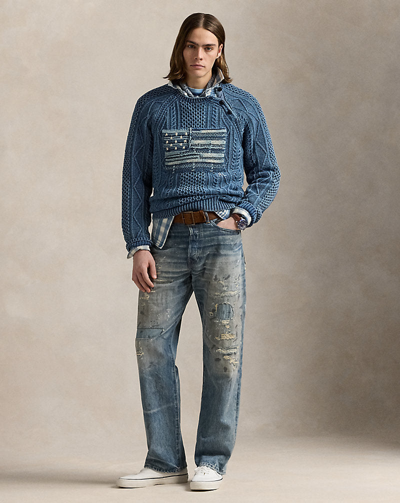 Aran-Knit Flag Cotton Jumper Indigo Combo