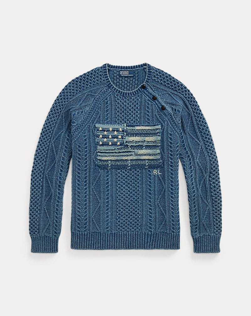 Aran-Knit Flag Cotton Jumper Indigo Combo