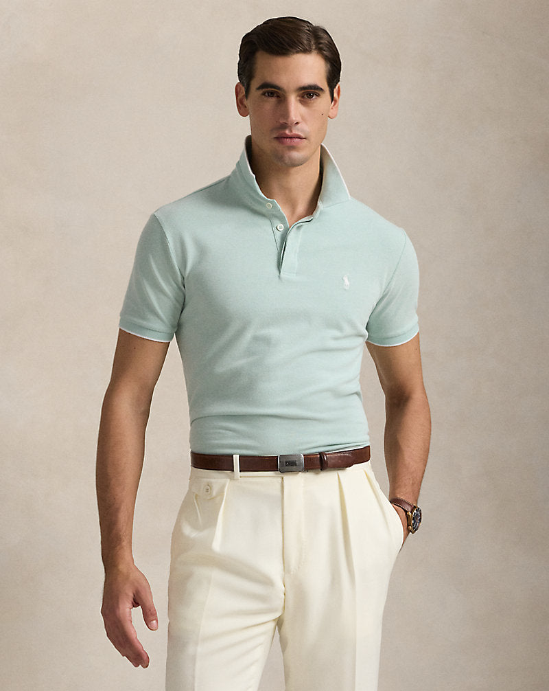 Custom Slim Fit Stretch Oxford Mesh Polo Celadon/White