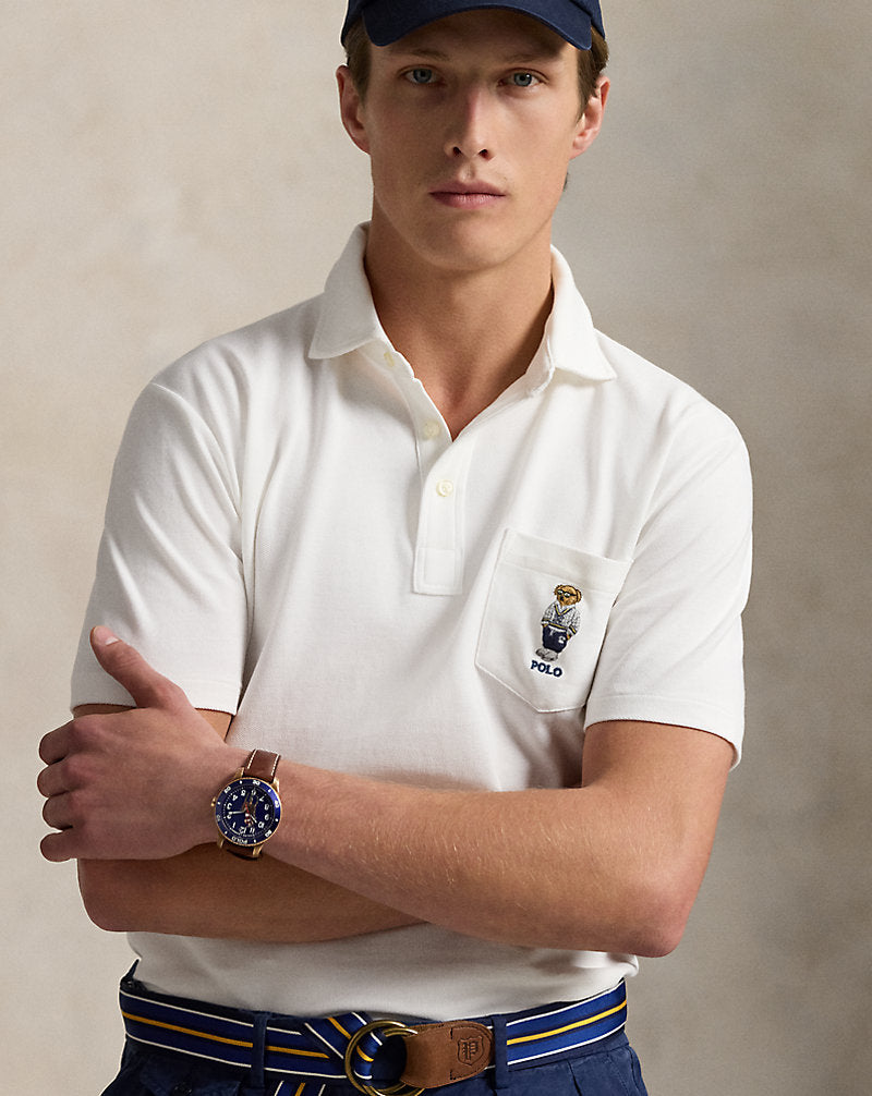 Custom Slim Polo Bear Mesh Polo Shirt White Heritage Icon Bear