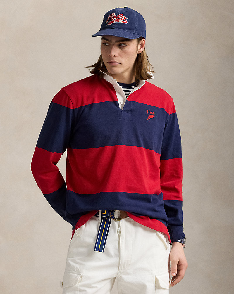 Classic Fit Striped Jersey Rugby Shirt Red/Newport Navy