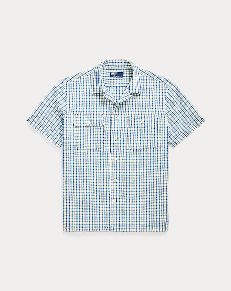 Classic Fit Plaid Cotton-Linen Shirt Indigo Cream