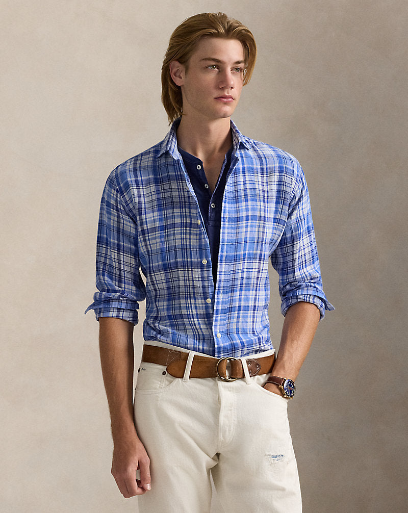 Classic Fit Plaid Linen Shirt Blue Multi