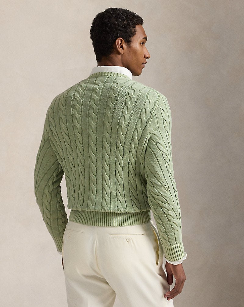Cable-Knit Mineral-Dyed Cotton Jumper Greenstone