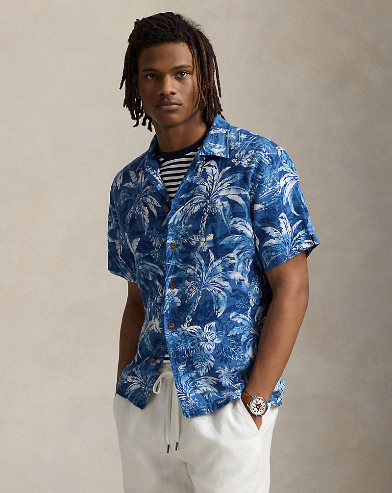 Classic Fit Tropical-Print Linen Shirt Indigo Palm Shadow