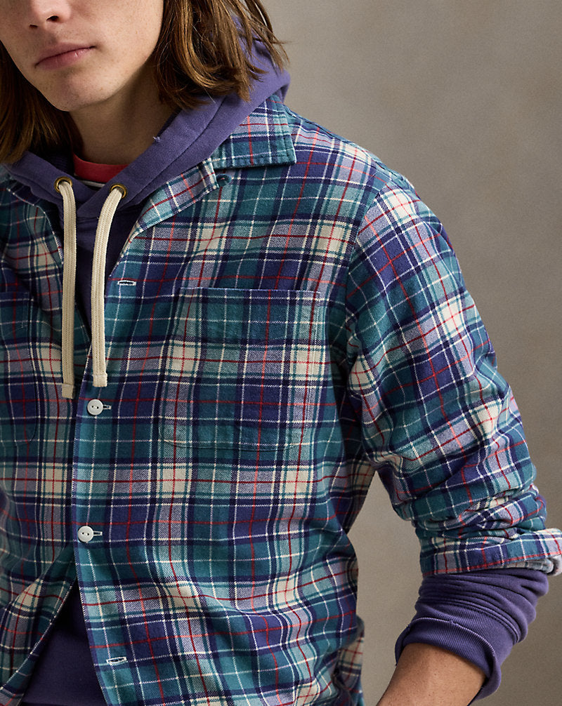 Classic Fit Plaid Flannel Camp Shirt Green/Navy Multi