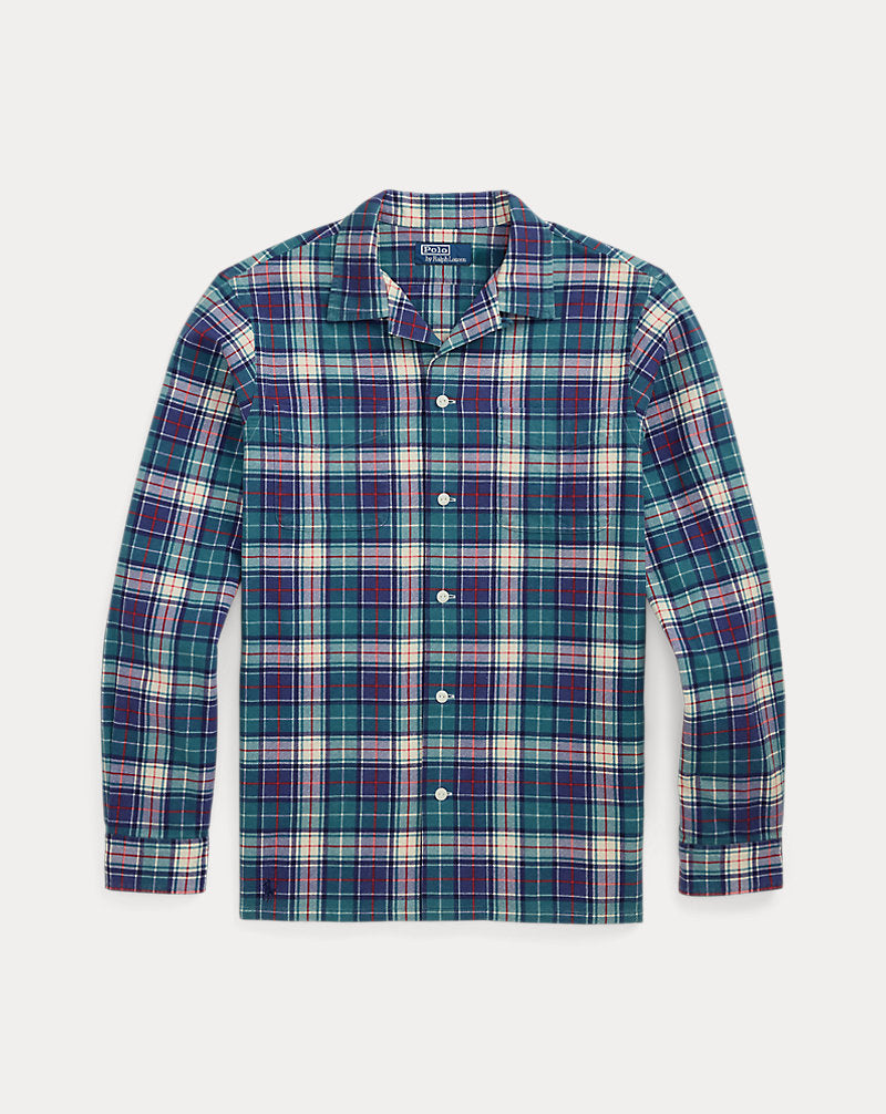 Classic Fit Plaid Flannel Camp Shirt Green/Navy Multi