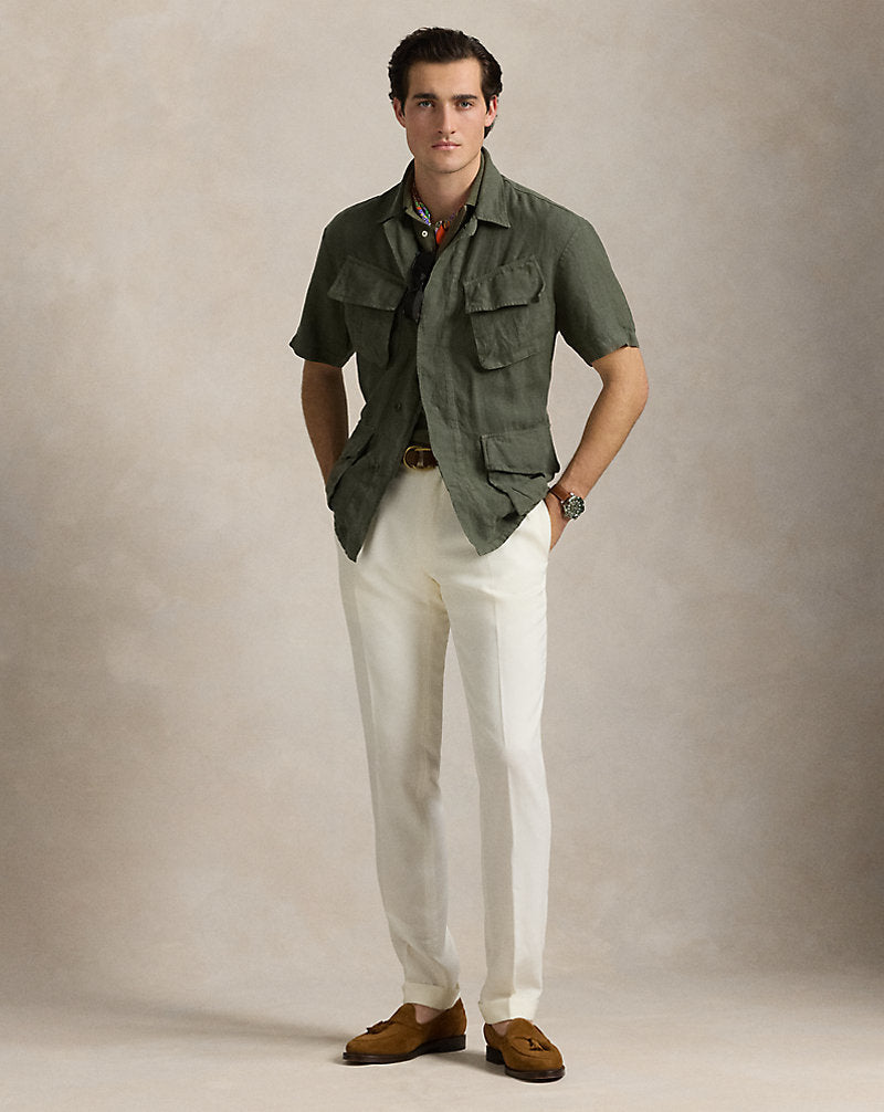 Garment-Dyed Slub Linen Overshirt New Olive