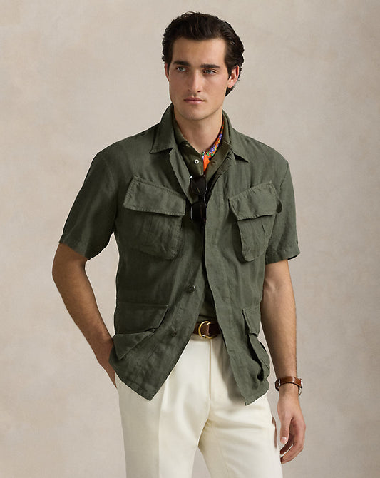 Stückgefärbtes Slub-Leinen-Overshirt New Olive