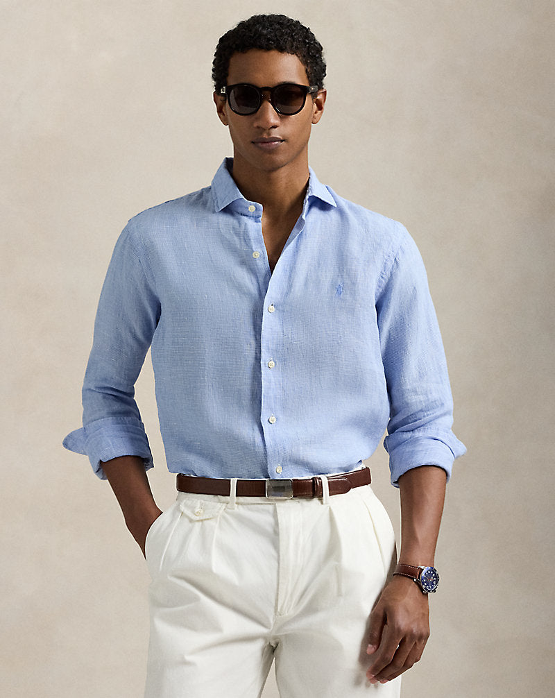 Custom Fit Linen Shirt Cabana Blue White