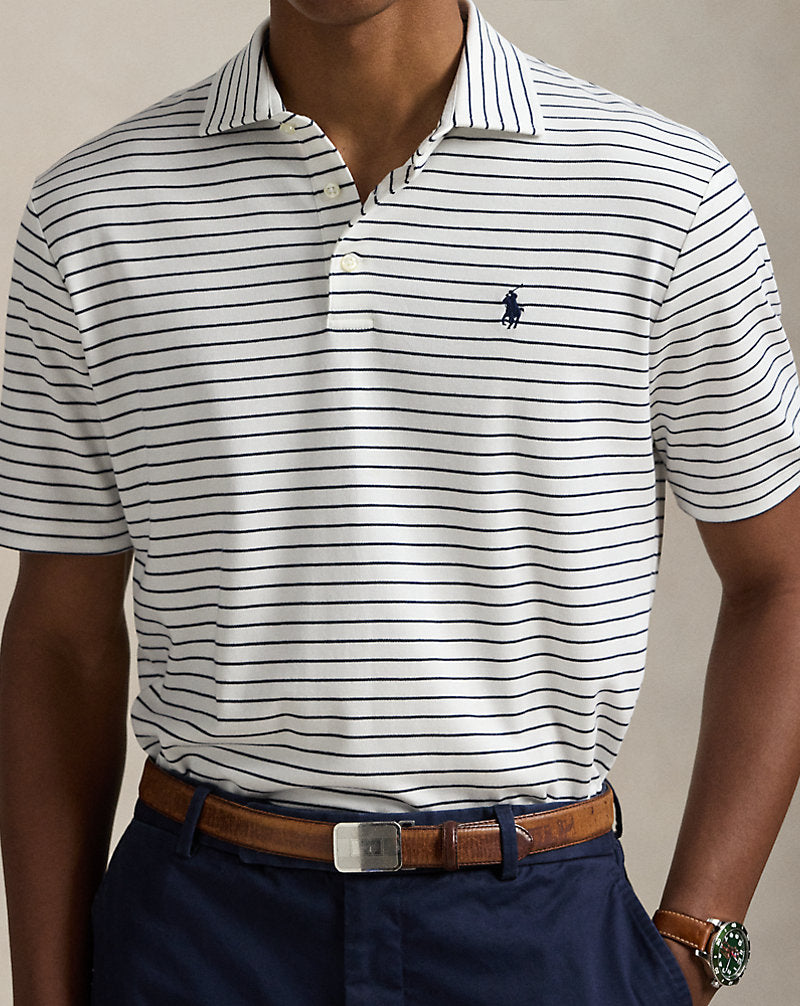 Custom Slim Fit Striped Soft Cotton Polo White/Refined Navy