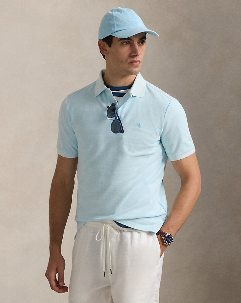 Custom Slim Mineral-Dyed Mesh Polo Shirt Sky