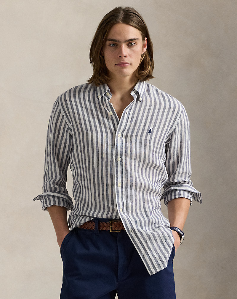 Custom Fit Striped Linen Shirt Navy/White