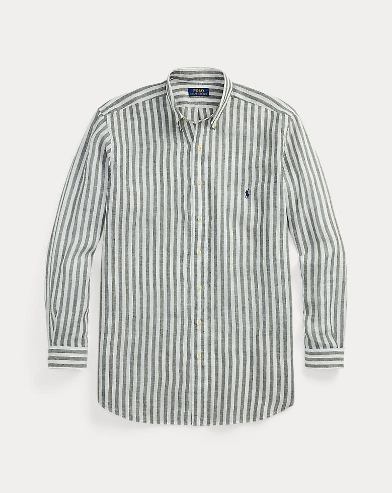 Striped Linen Shirt New Olive/White