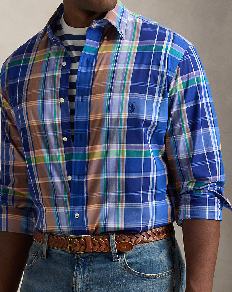 Plaid Stretch Poplin Shirt Blue Orange Multi