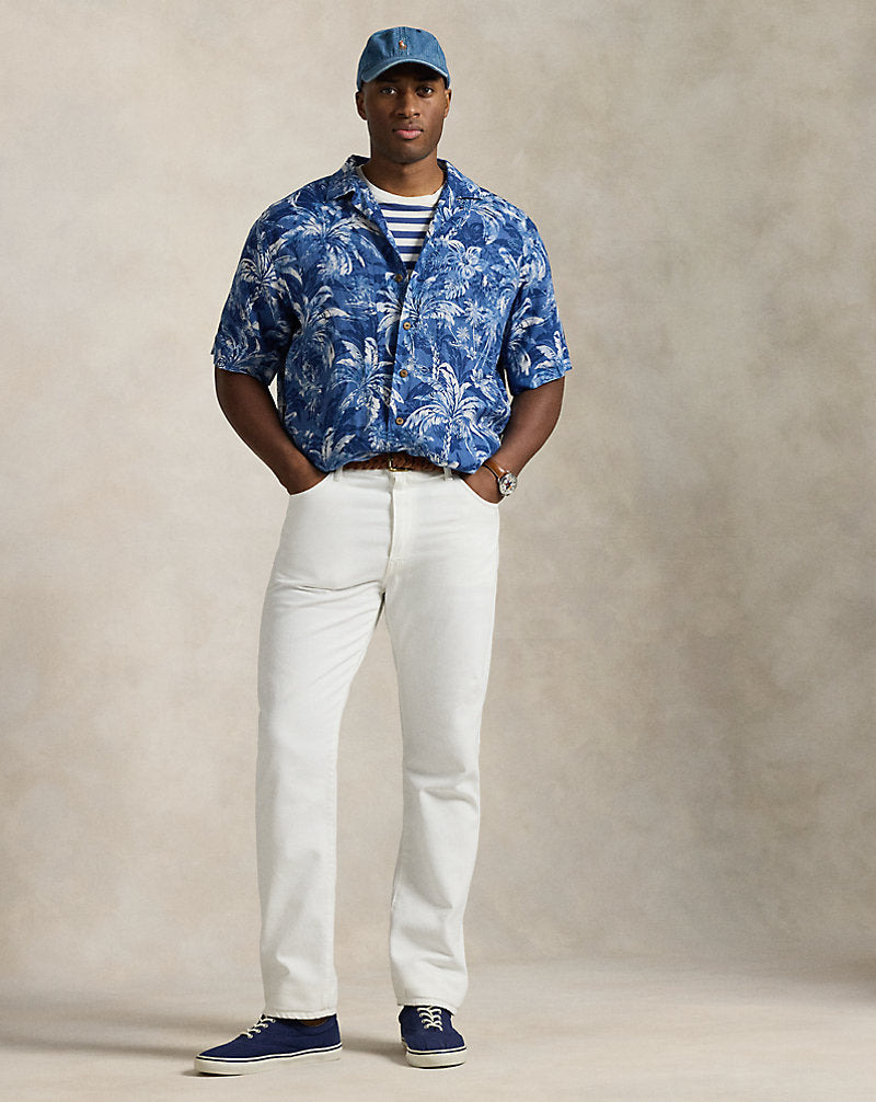 Tropical-Print Linen Camp Shirt Indigo Palm Shadow
