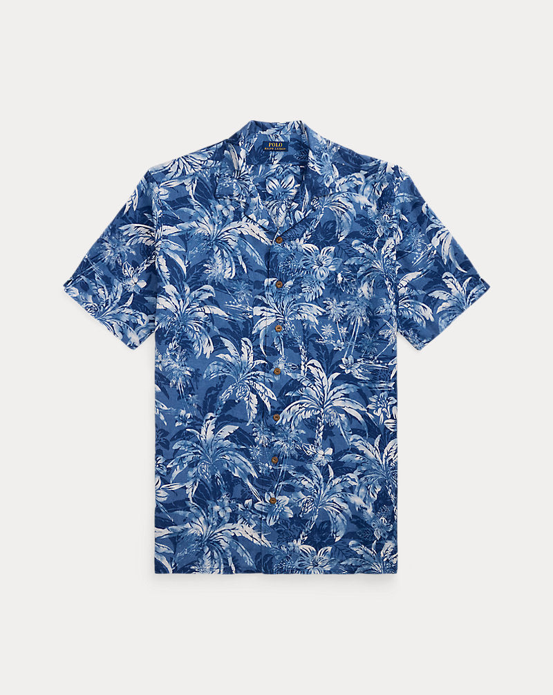 Tropical-Print Linen Camp Shirt Indigo Palm Shadow