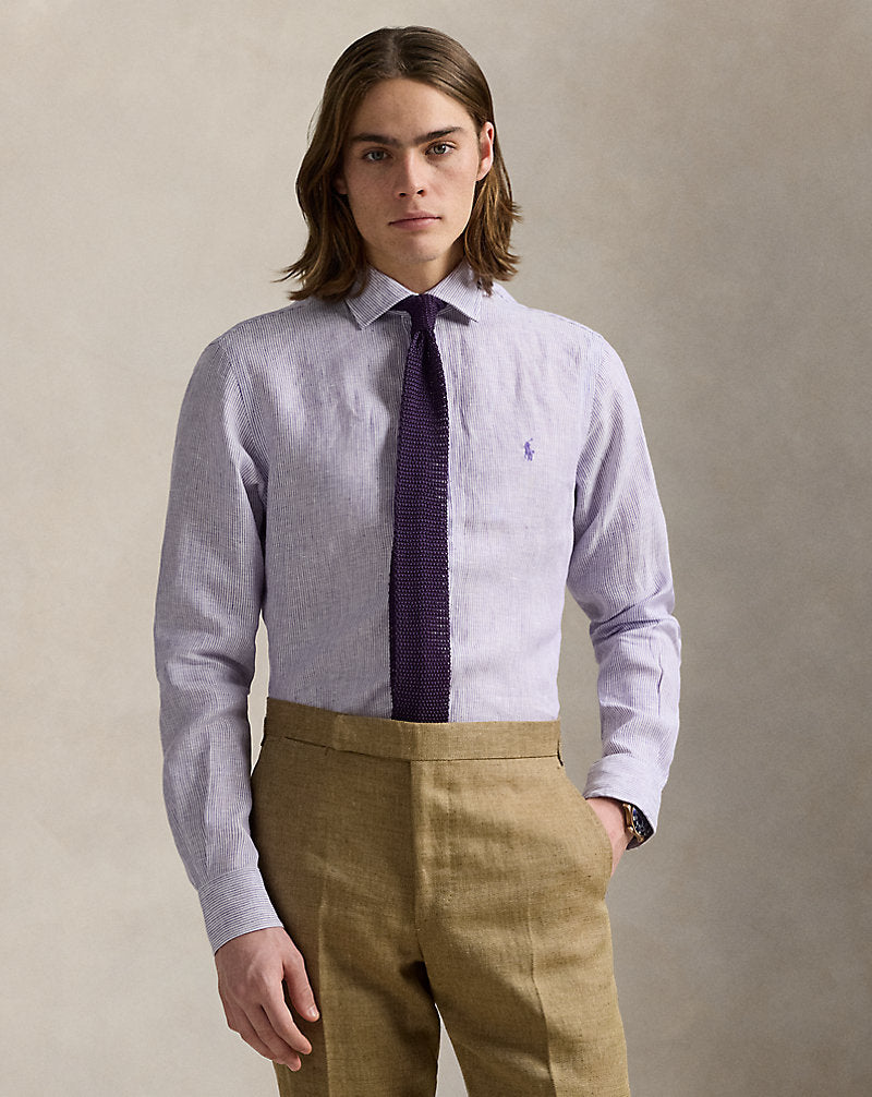Custom Fit Striped Linen Shirt Spring Violet White