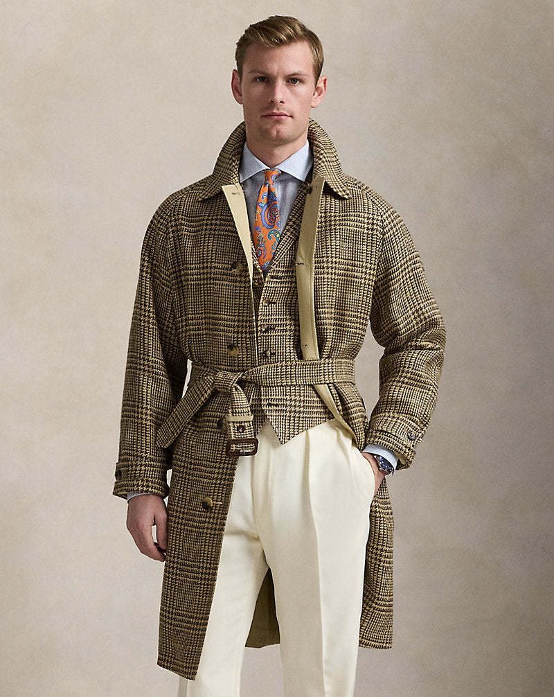 Reversible Tweed-Poplin Topcoat Tan/Brown And Green Deco