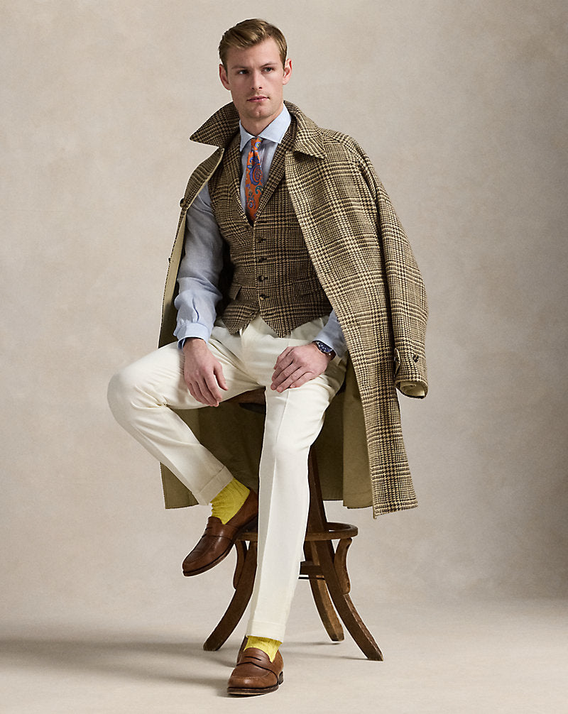 Reversible Tweed-Poplin Topcoat Tan/Brown And Green Deco