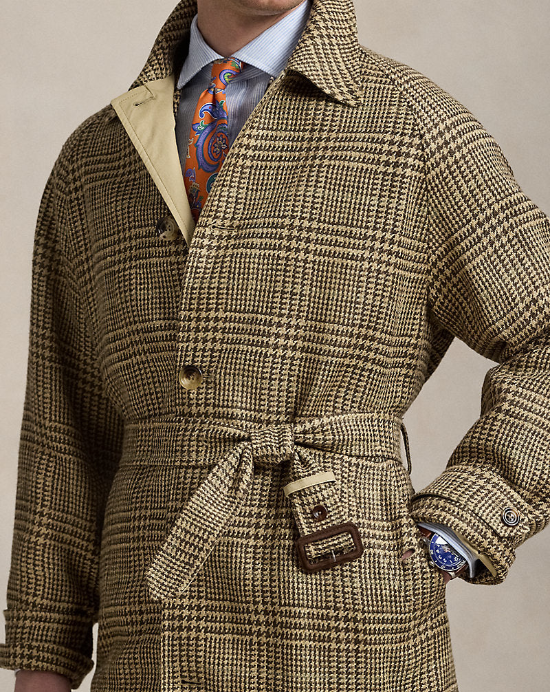 Reversible Tweed-Poplin Topcoat Tan/Brown And Green Deco