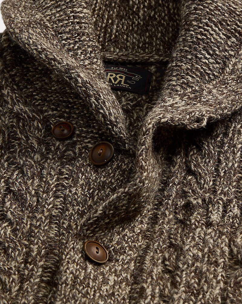 Marled Aran-Knit Shawl Cardigan Brown/Cream Marl