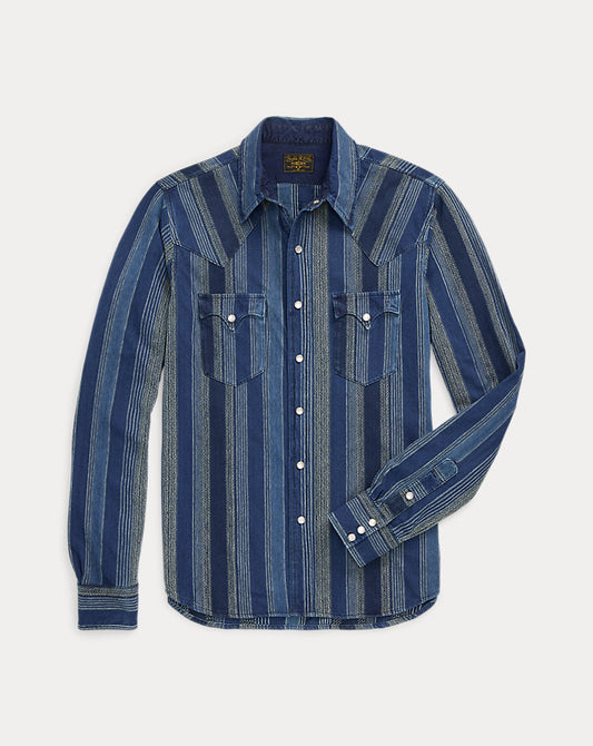 Slim Fit Indigo gestreiftes Westernhemd Indigo/Multi