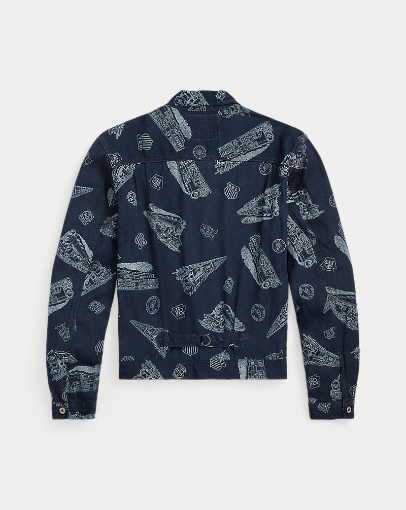 Indigo Railroad-Print Twill Jacket Indigo/White