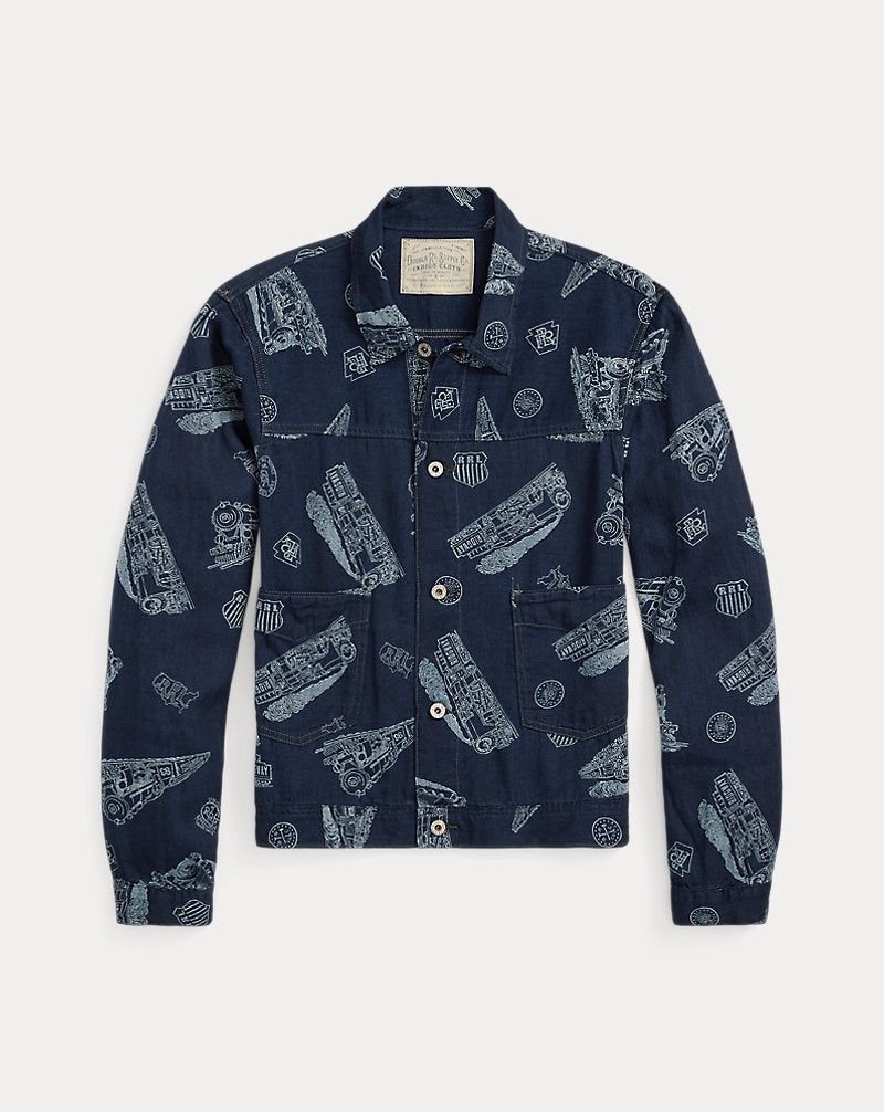 Indigo Railroad-Print Twill Jacket Indigo/White