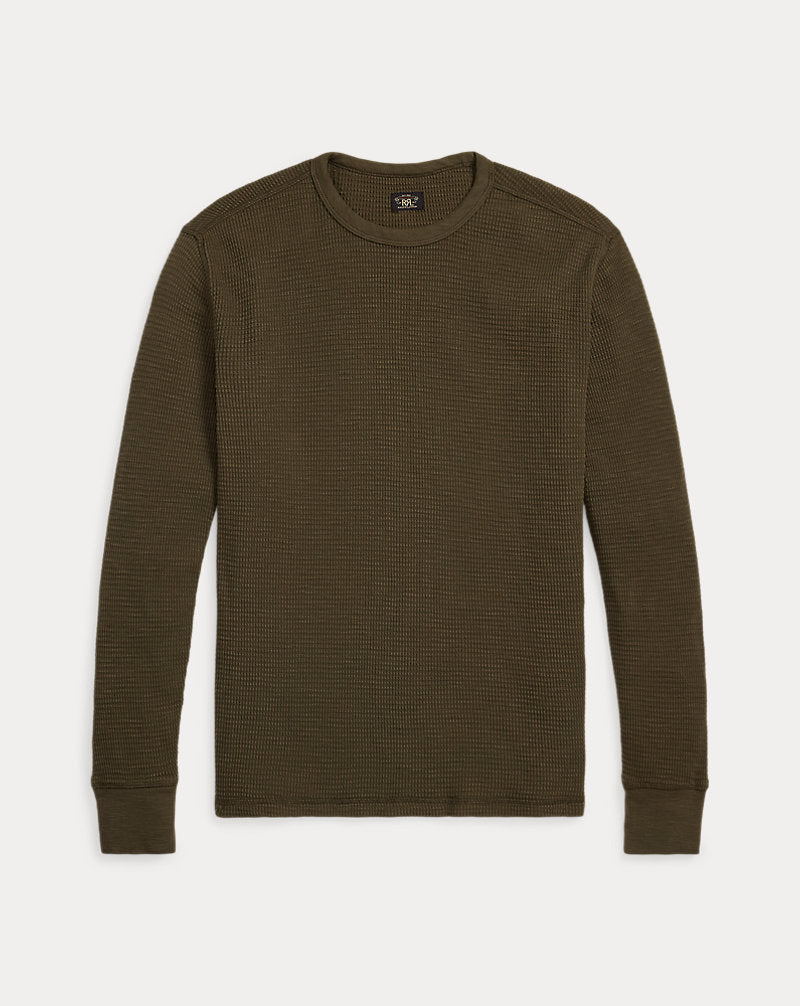 Garment-Dyed Waffle-Knit Crewneck Olive Brown