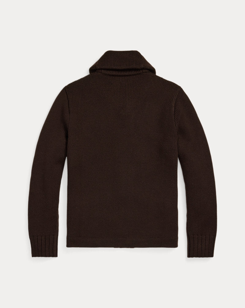 Appliqu¨¦d Wool Shawl-Collar Cardigan Brown