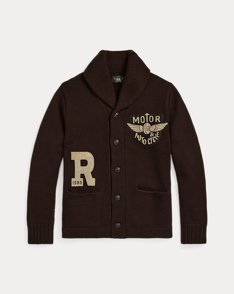 Appliqu¨¦d Wool Shawl-Collar Cardigan Brown