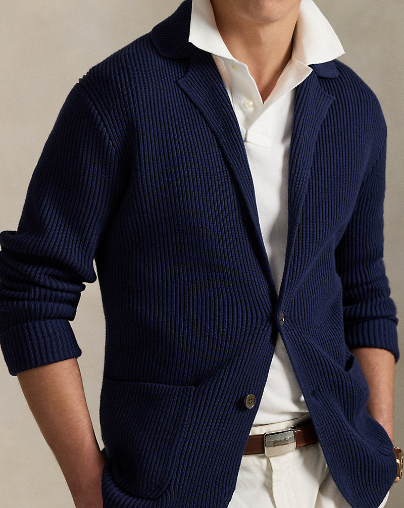 Mesh-Knit Cotton-Blend Blazer Cardigan Refined Navy