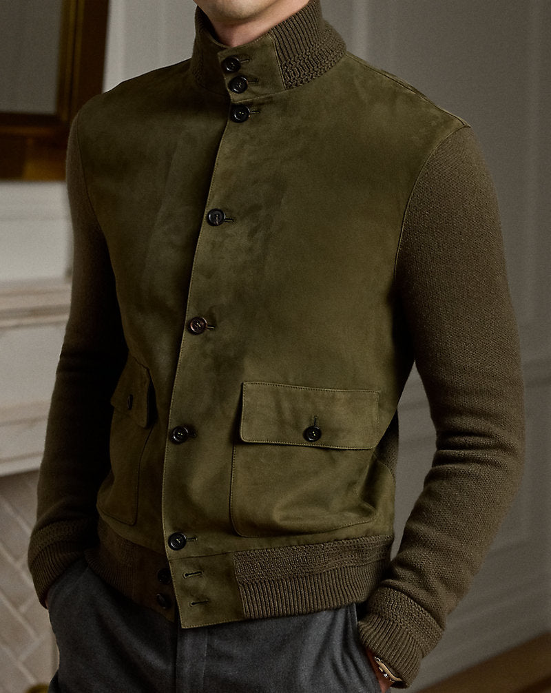 Suede-Front Cashmere Cardigan Thicket Moss Melange