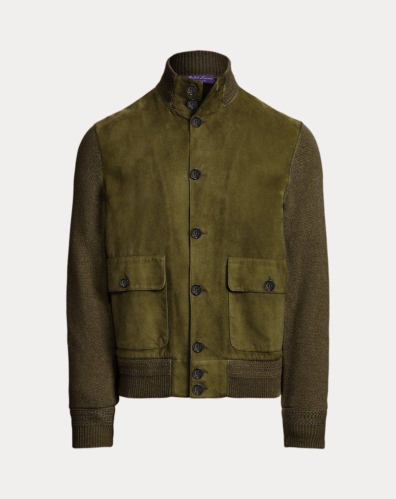 Suede-Front Cashmere Cardigan Thicket Moss Melange