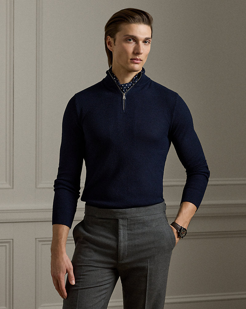 Textured Silk-Cotton Quarter-Zip Jumper Classic Chairman Navy