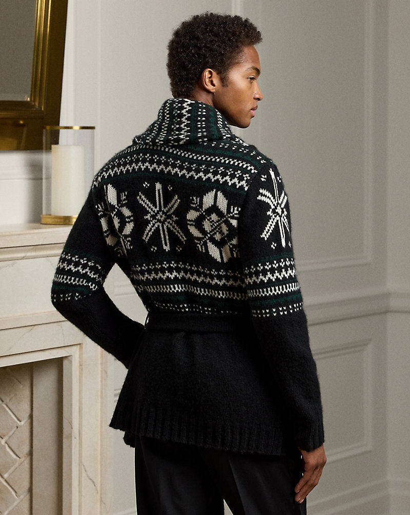 Hand-Knit Cashmere Shawl Cardigan Cls Blk W/Lux Crm&pine Gr