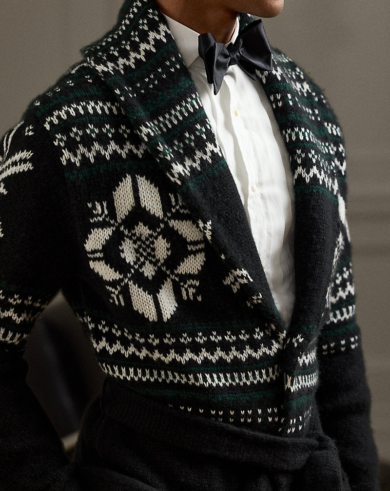 Hand-Knit Cashmere Shawl Cardigan Cls Blk W/Lux Crm&pine Gr
