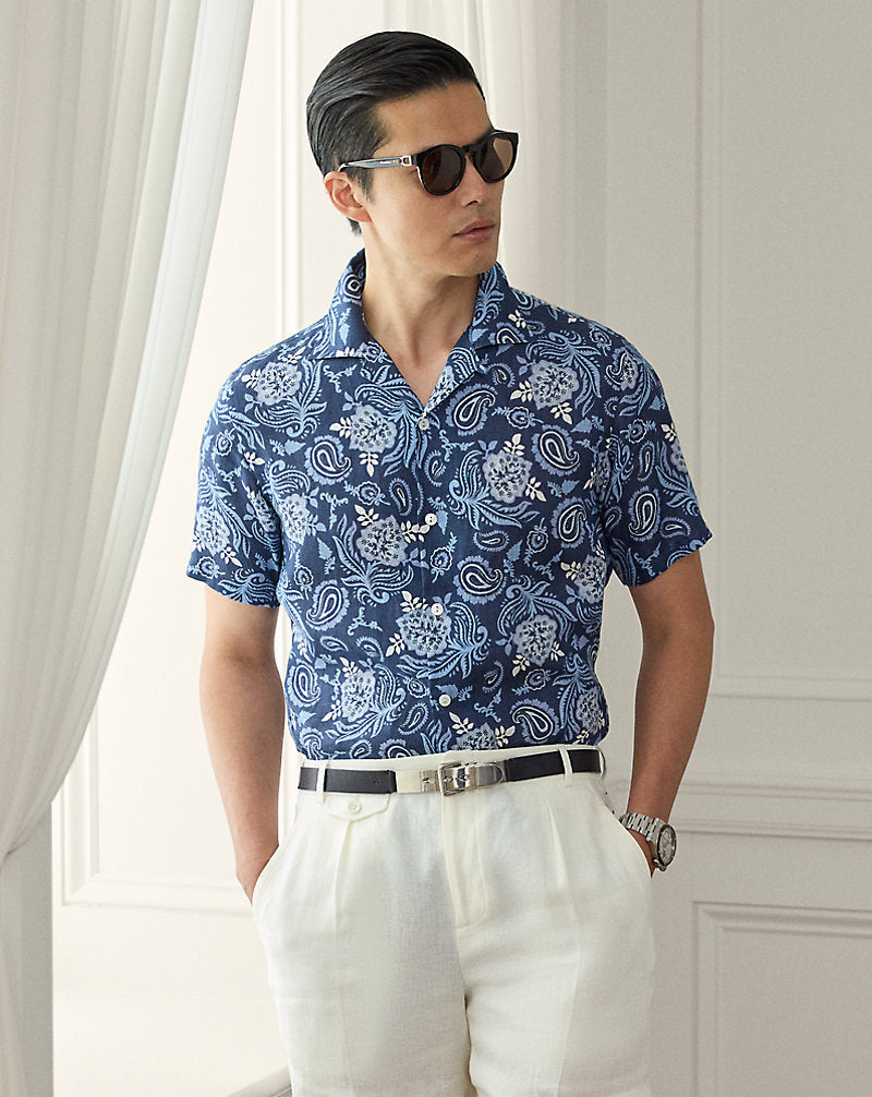 Paisley-Print Linen Camp Shirt Navy Tonal