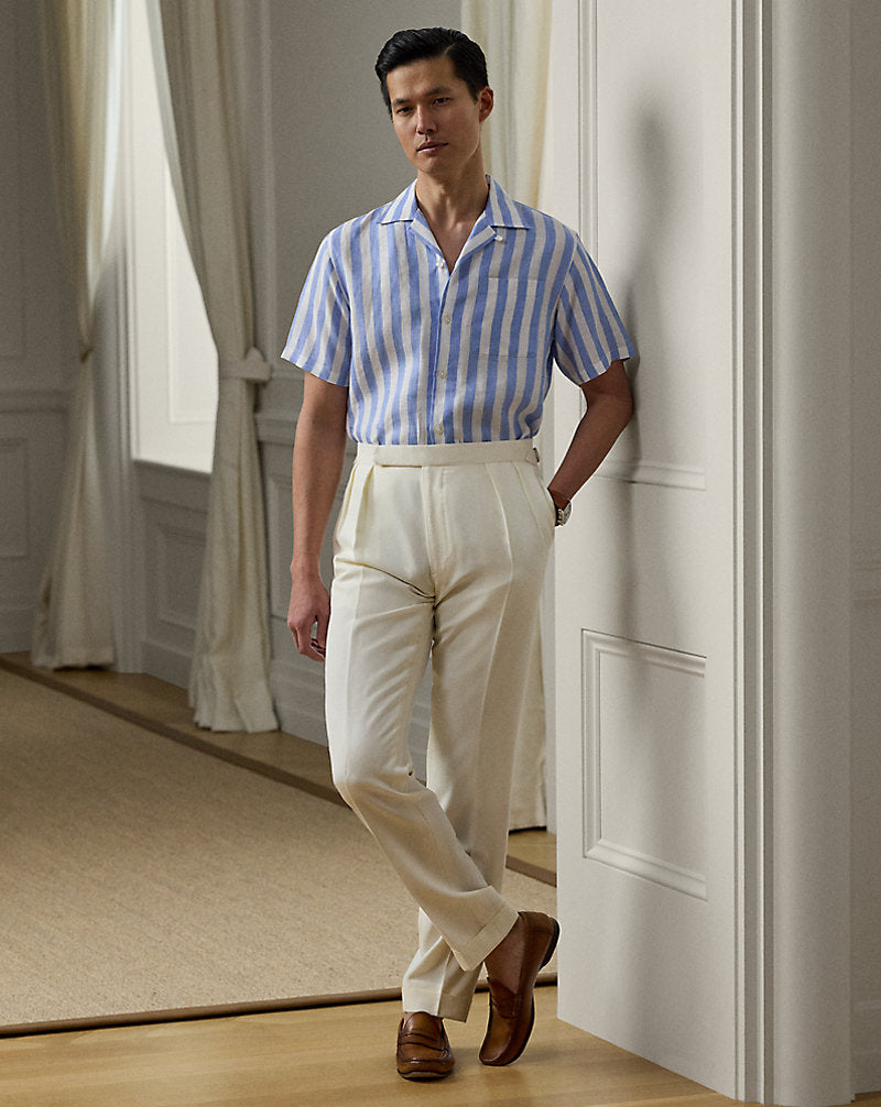 Striped Linen Camp Shirt Cornflower Blue/White