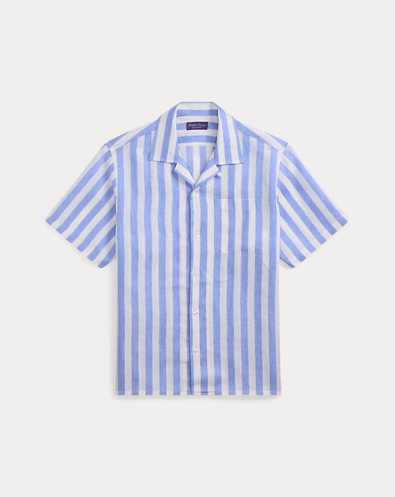 Striped Linen Camp Shirt Cornflower Blue/White