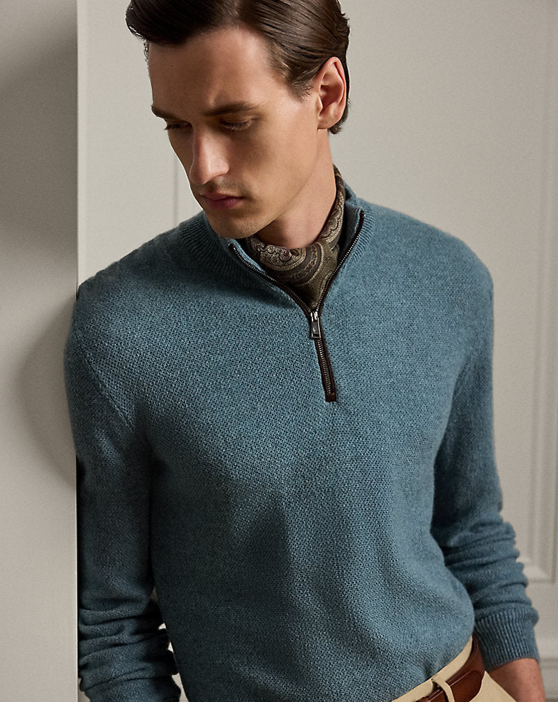 Birdseye Cashmere Quarter-Zip Jumper Blue Multi