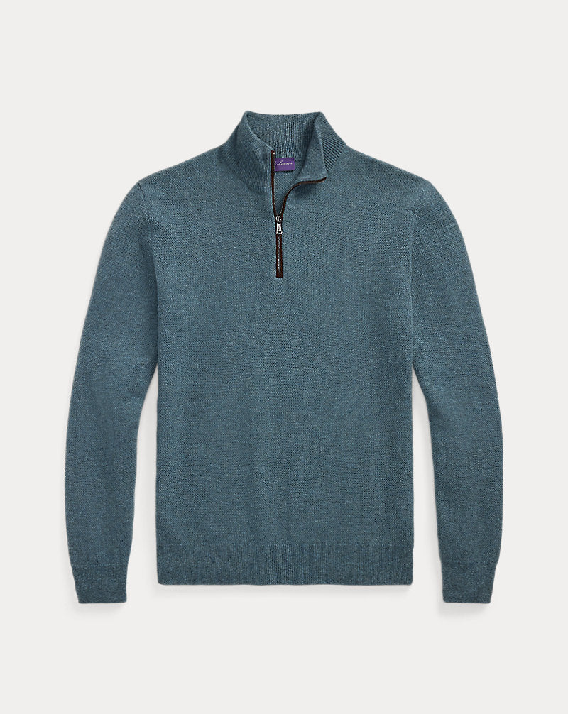 Birdseye Cashmere Quarter-Zip Jumper Blue Multi