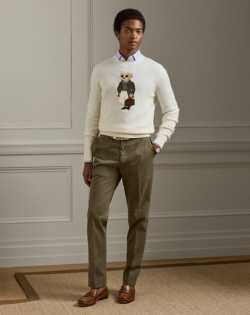 Schmale handgearbeitete Stretch-Chino-Hose "Thicket Moss"